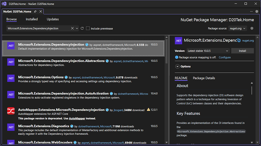 Add Microsoft.Extensions.DependencyInjection NuGet package